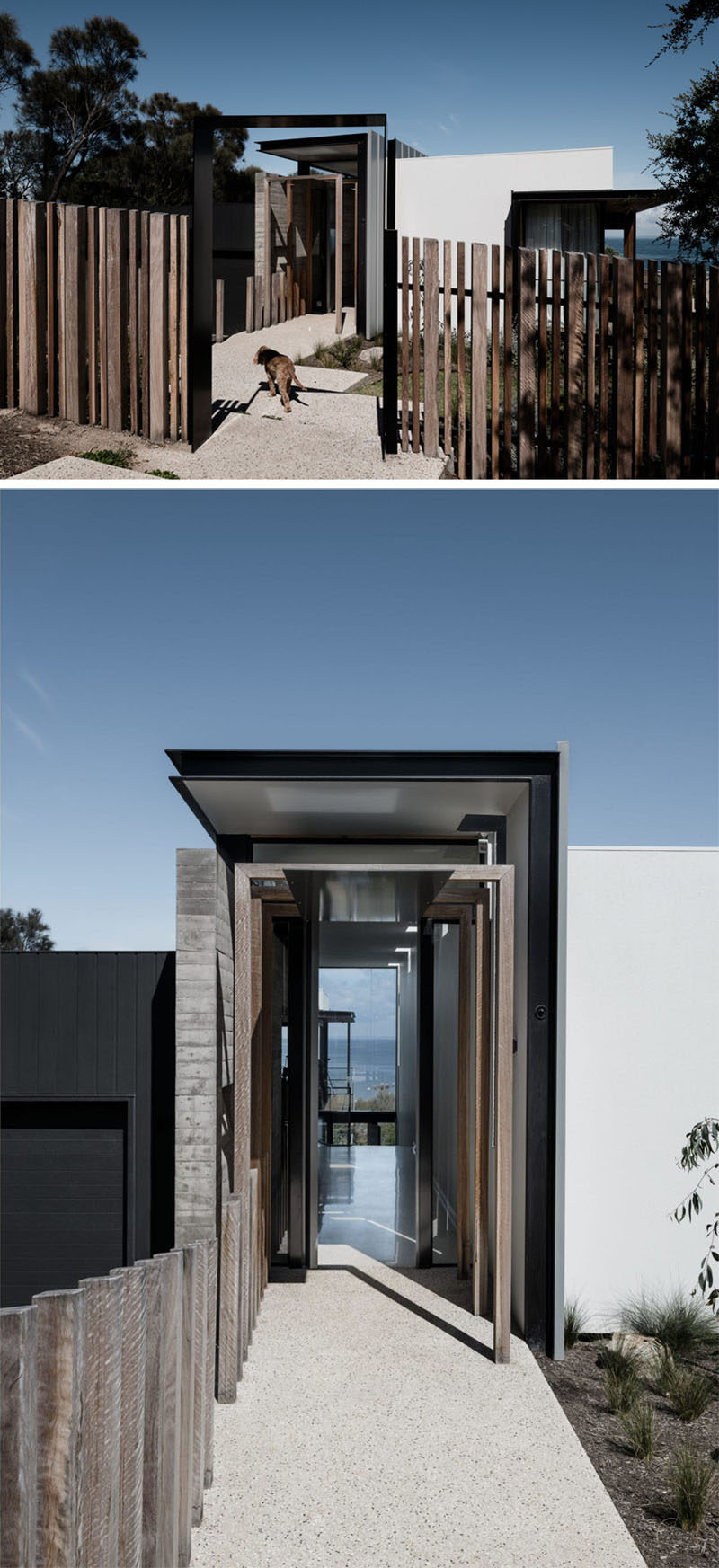  К входной двери этого современного австралийского дома ведет дорожка, окруженная деревянным забором и ландшафтным дизайном. #ModernHouse # Ландшафтный дизайн 