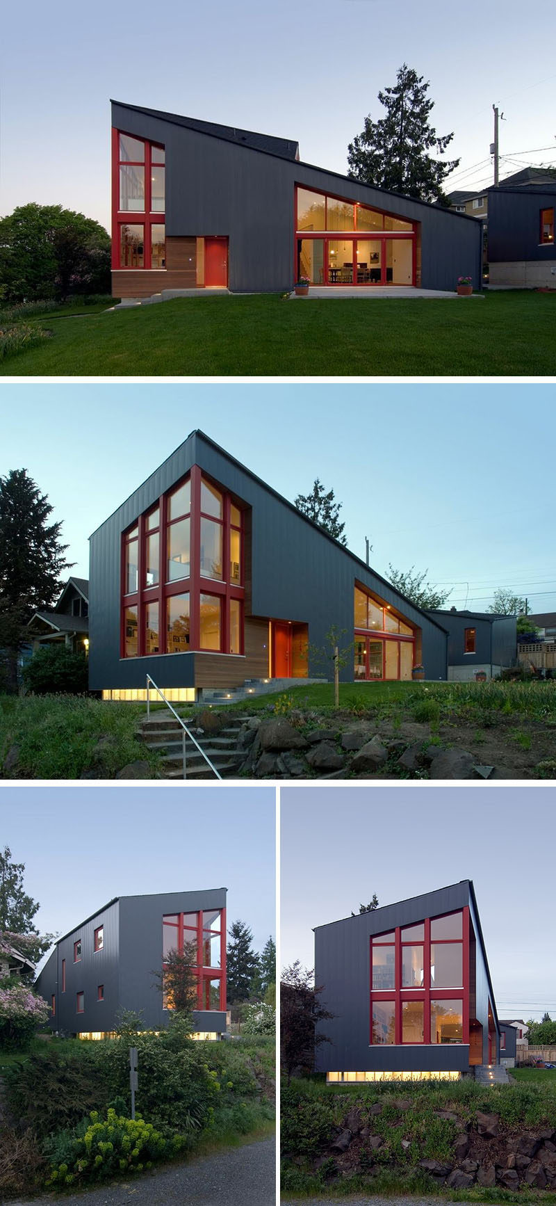  Stettler Design вместе с Paul Michael Davis Architects недавно завершили строительство нового дома в Сиэтле, штат Вашингтон, с наклонной крышей и большими окнами, выходящими на окрестности. #ModernHouse #SlopedRoof #ModernArchitecture # Windows 