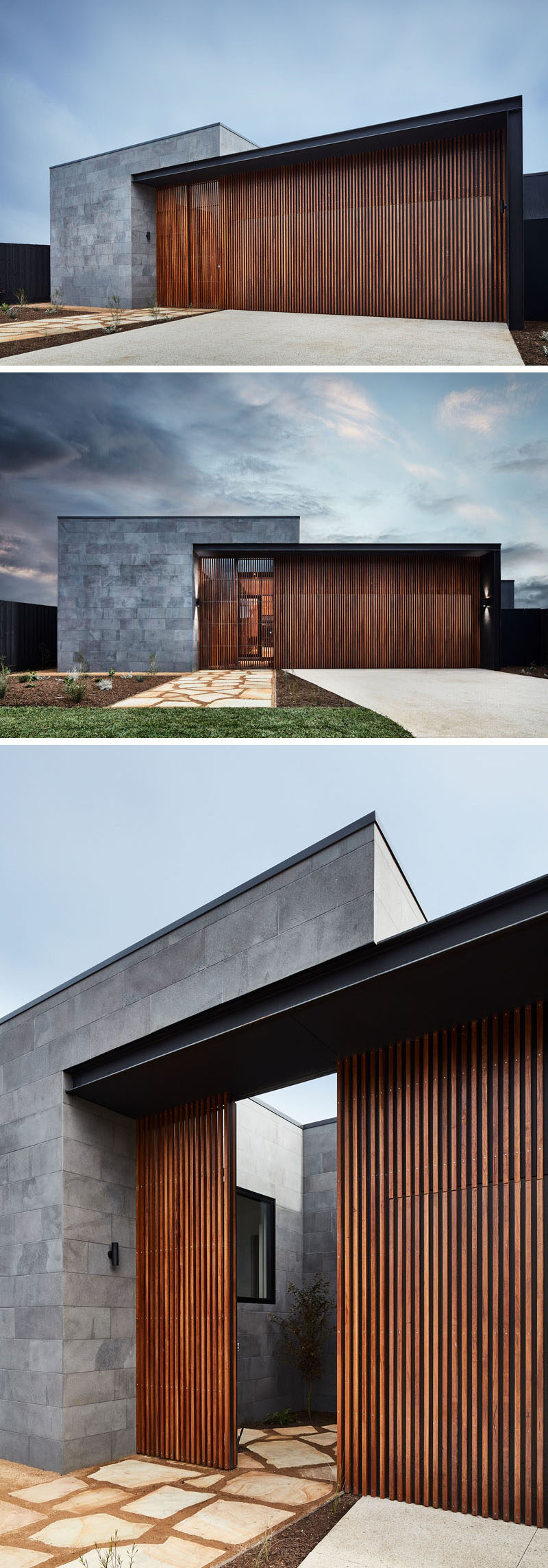 Этот современный дом имеет фасад из горизонтальных плит из голубого камня и вертикальных натуральных пород дерева. Входная дверь в дом гармонирует с вертикальными деревянными планками, создавая современный внешний вид. #ModernHouse # Stone #Wood