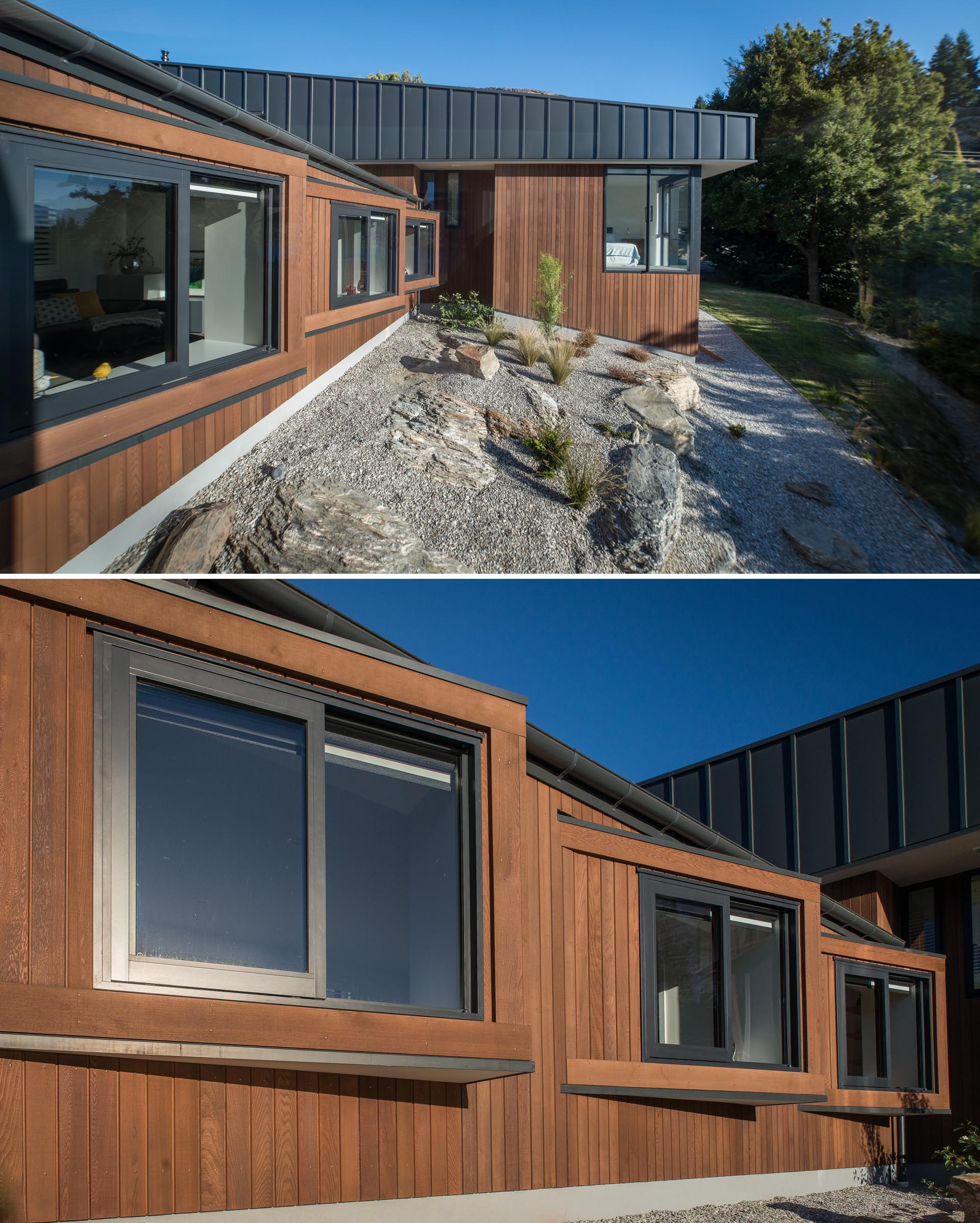 Современный дом с деревянным и матовым черным металлическим сайдингом, окнами под углом.