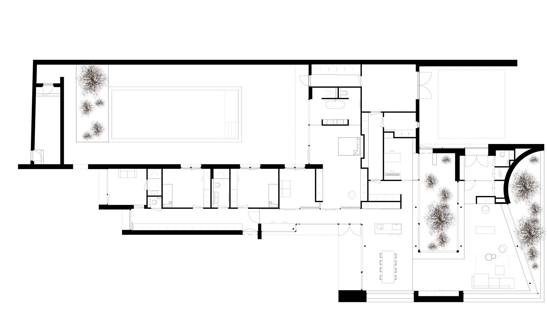 План современного одноэтажного дома с бассейном.