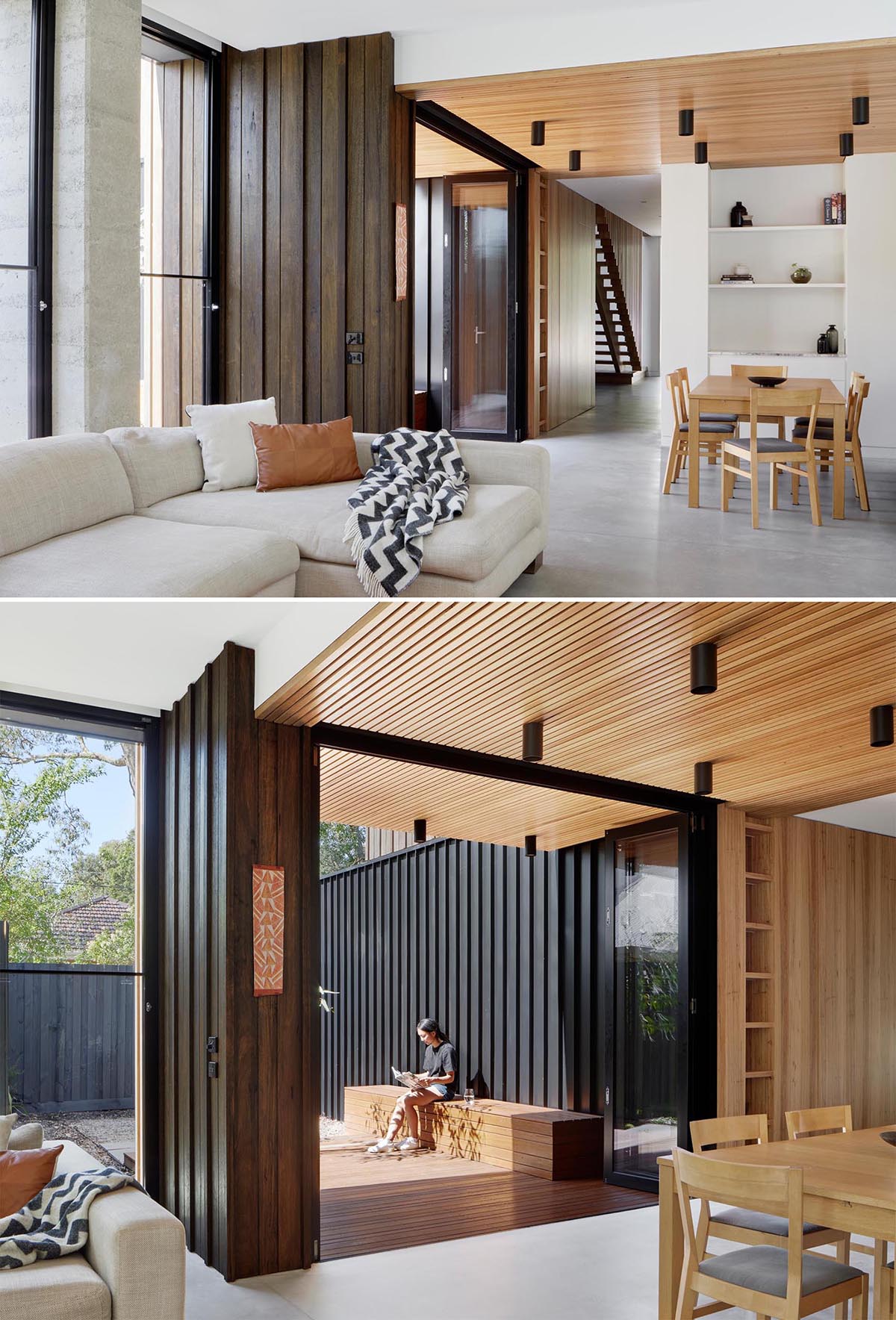 Деревянный потолок обозначает столовую и простирается до террасы со скамейкой, с двустворчатыми дверями, соединяющими два пространства.