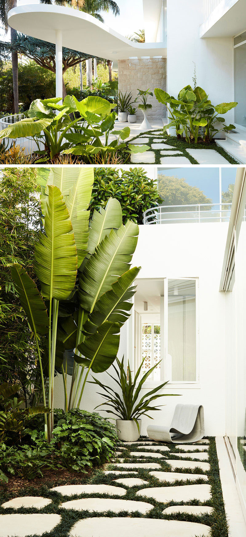 В этом доме чувствуется влияние работ бразильского архитектора Оскара Нимейера, например, пышная форма бетонного навеса, закрывающий вход. # Ландшафтный дизайн # Архитектура # Современный дом