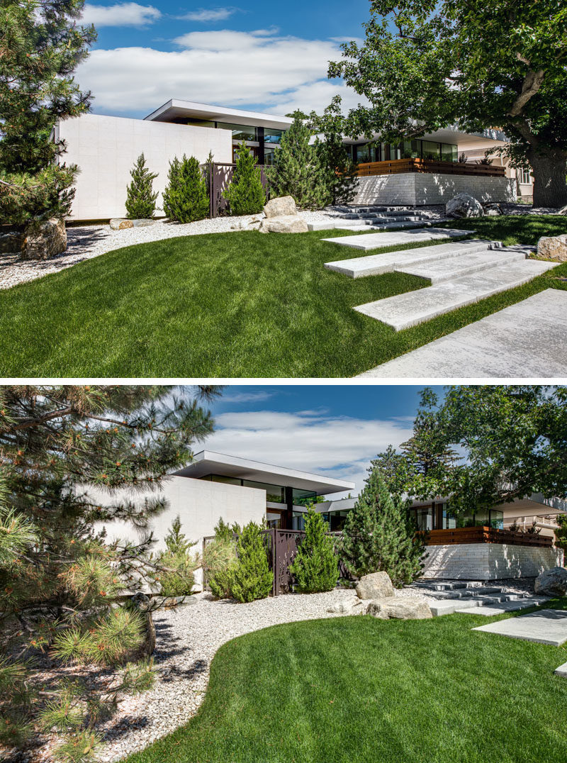 Ландшафтный дизайн в передней части этого современного дома подчеркивает путь к входной двери. # LandscapingIdeas #CurbAppeal #FrontGarden
