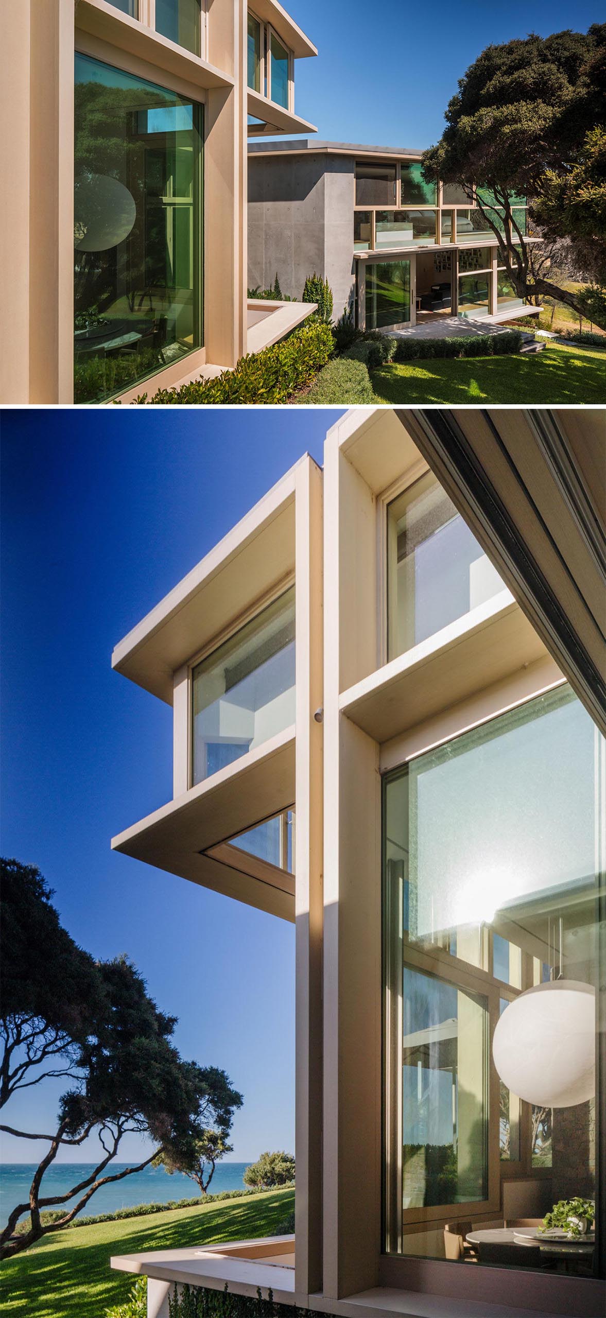 Окна в деревянных рамах открывают интерьер этого современного дома.