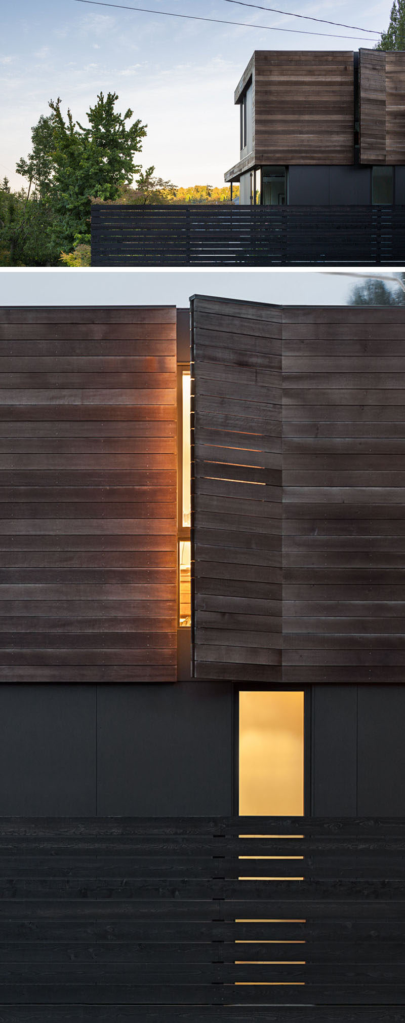 Внешний вид этого современного дома имеет оконные накладки, которые гармонично сочетаются с деревянным фасадом.