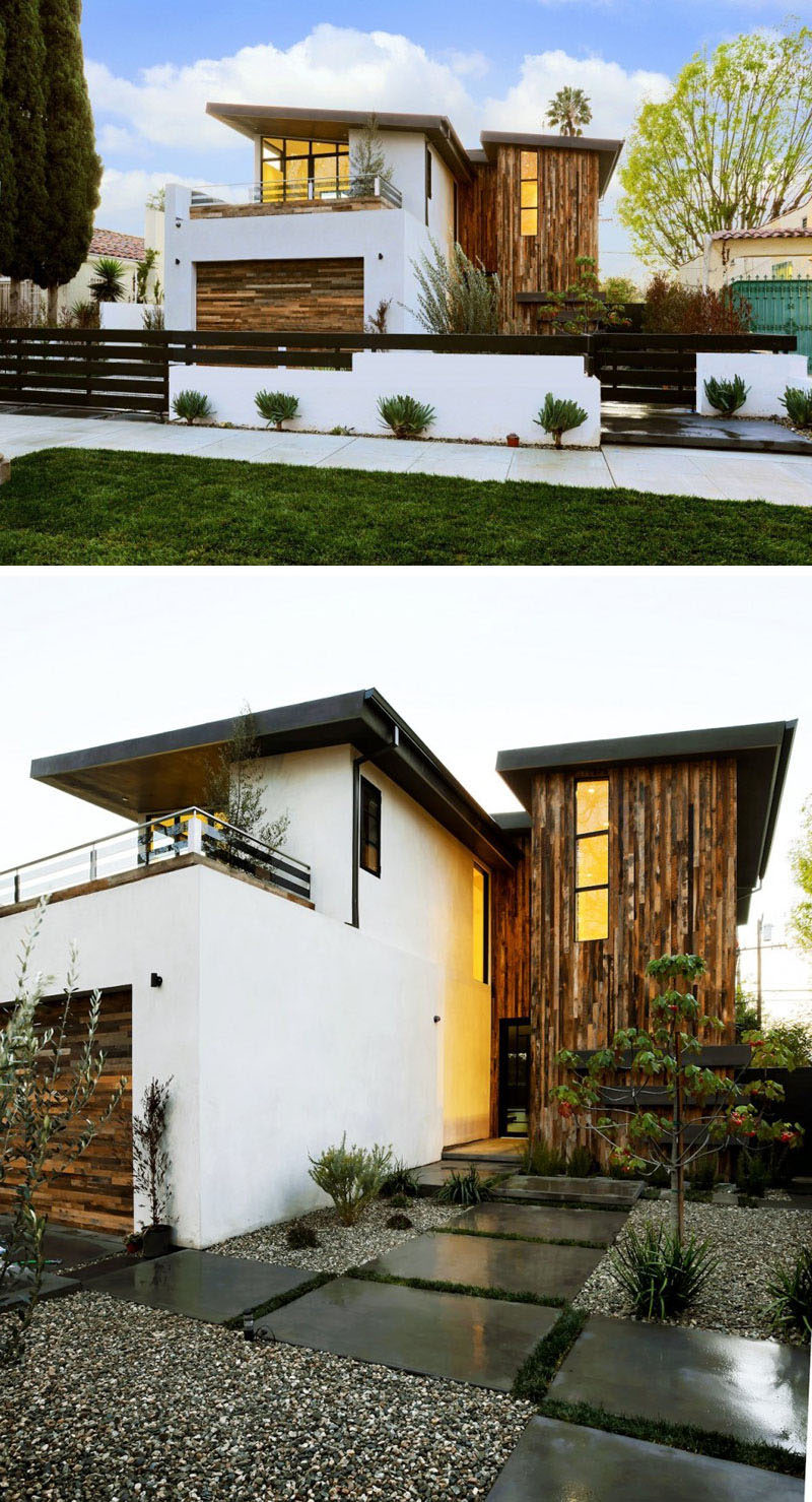 16 примеров современных домов с наклонной крышей | Покатая крыша этого современного дома в сочетании с деревянными панелями придает дому очень современный вид.