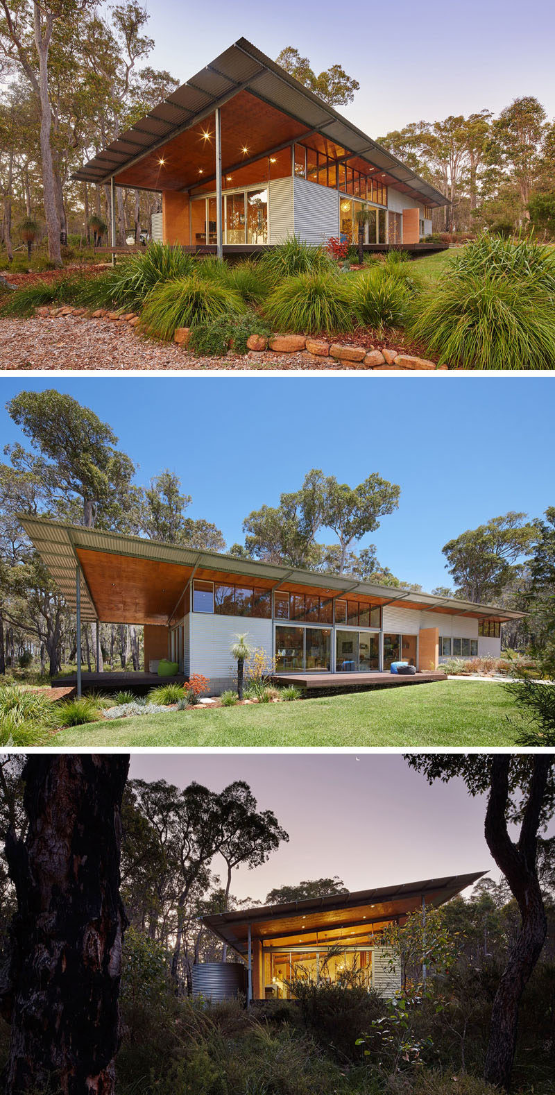 16 примеров современных домов с наклонной крышей | Эта наклонная крыша этого современного дома помогает собирать дождевую воду и защищает интерьер дома от суровой австралийской жары.