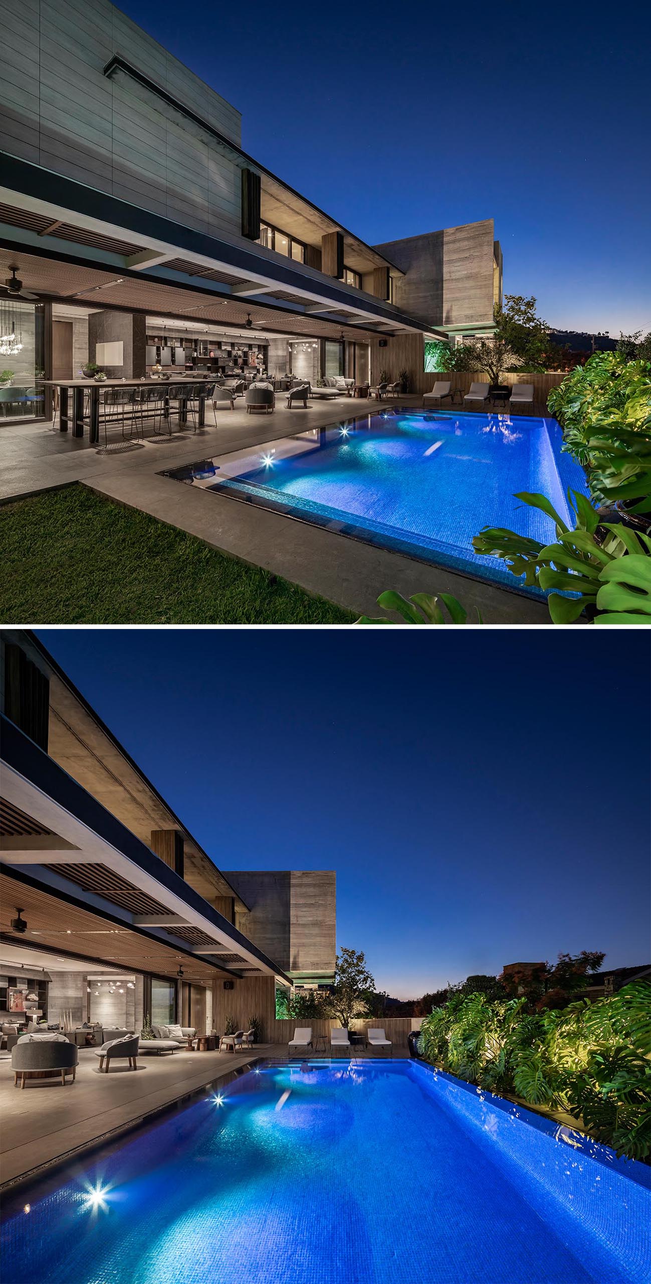 Современный бетонный дом с бассейном и просторными площадками для отдыха на открытом воздухе.