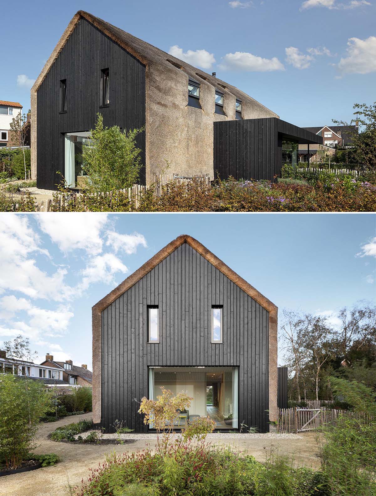 Снаружи этот современный дом покрыт соломой, которая спускается вертикально вниз с крыши и вдоль стен. Соломенная крыша контрастирует с деревом с черной отделкой.