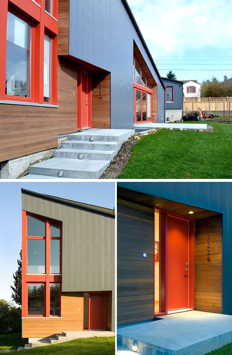  Внешний вид этого современного дома деревянными элементами, которые обрамляют яркие оконные рамы, бетонные ступени ведут к входной двери. #WoodAccents #HouseExterior #ModernHouse # Архитектура 