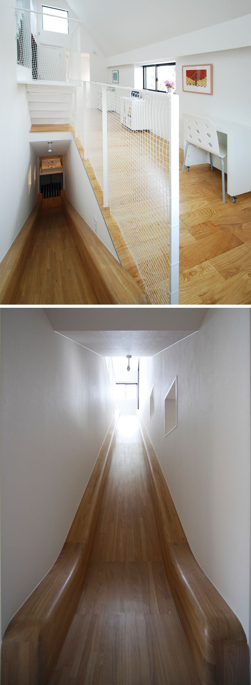 Эта деревянная горка, окруженная белыми стенами, соединяет рабочую зону и ванную комнату.