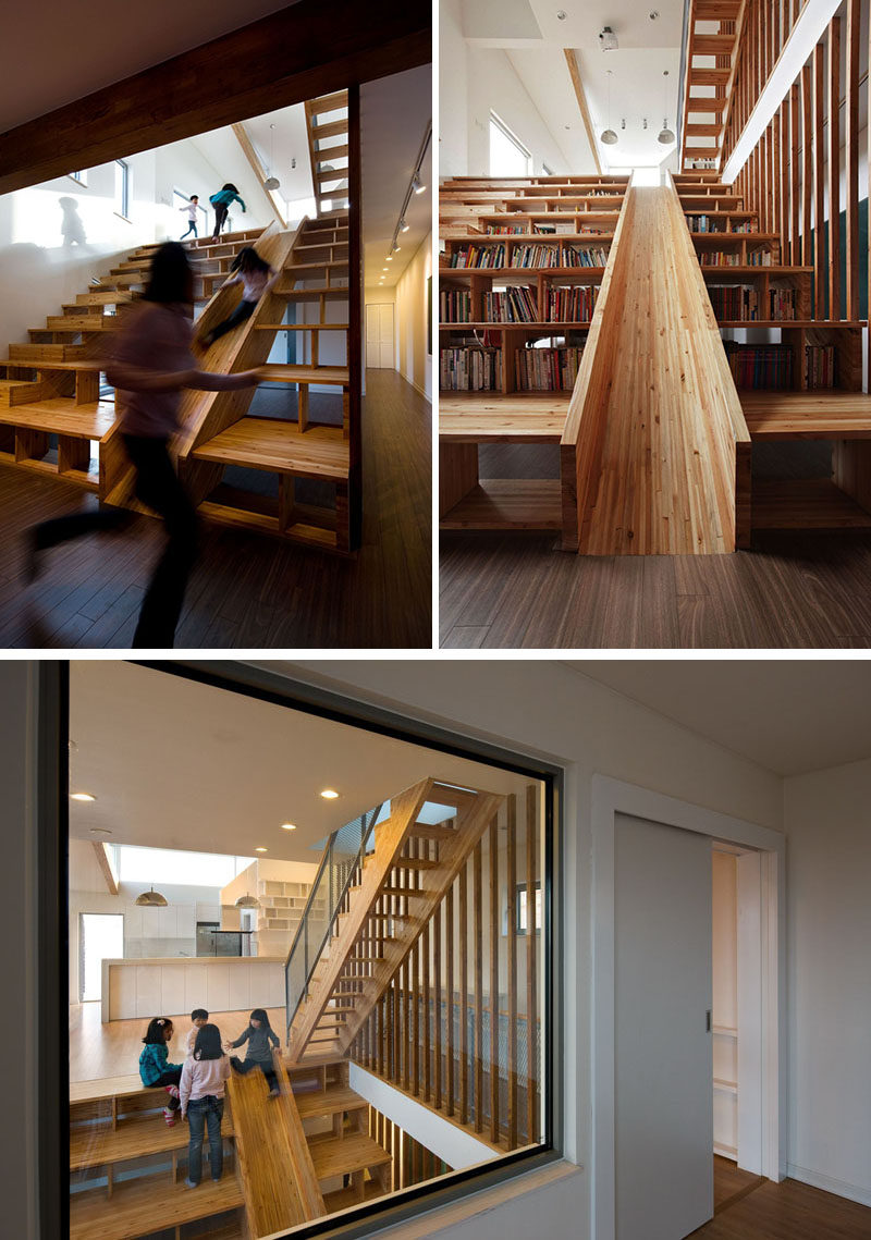 Эта деревянная лестница выполняет тройную функцию: главная лестница, занимательная внутренняя горка и место для хранения книг и других мелких предметов.