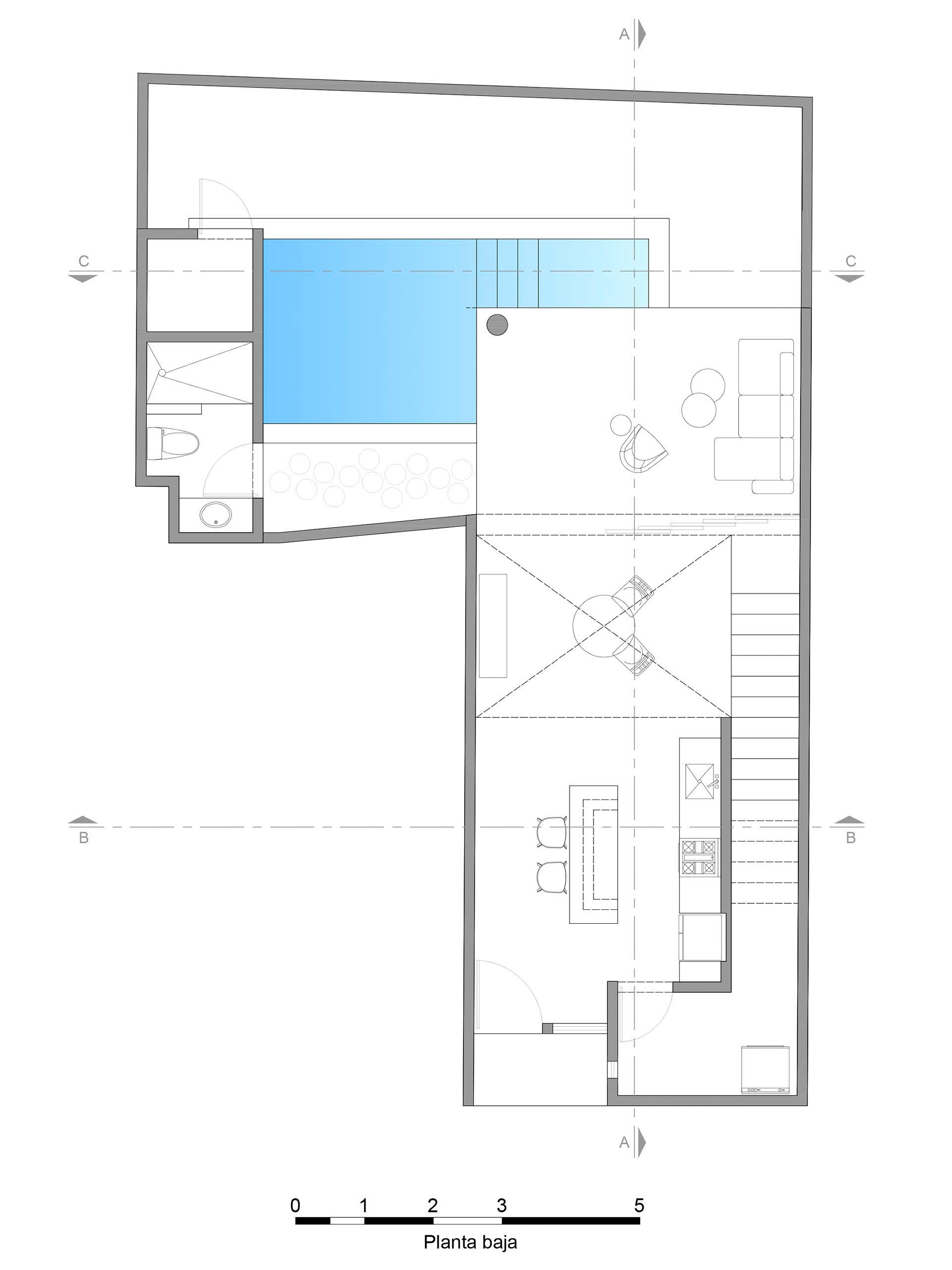 Поэтажный план современного дома с бассейном.