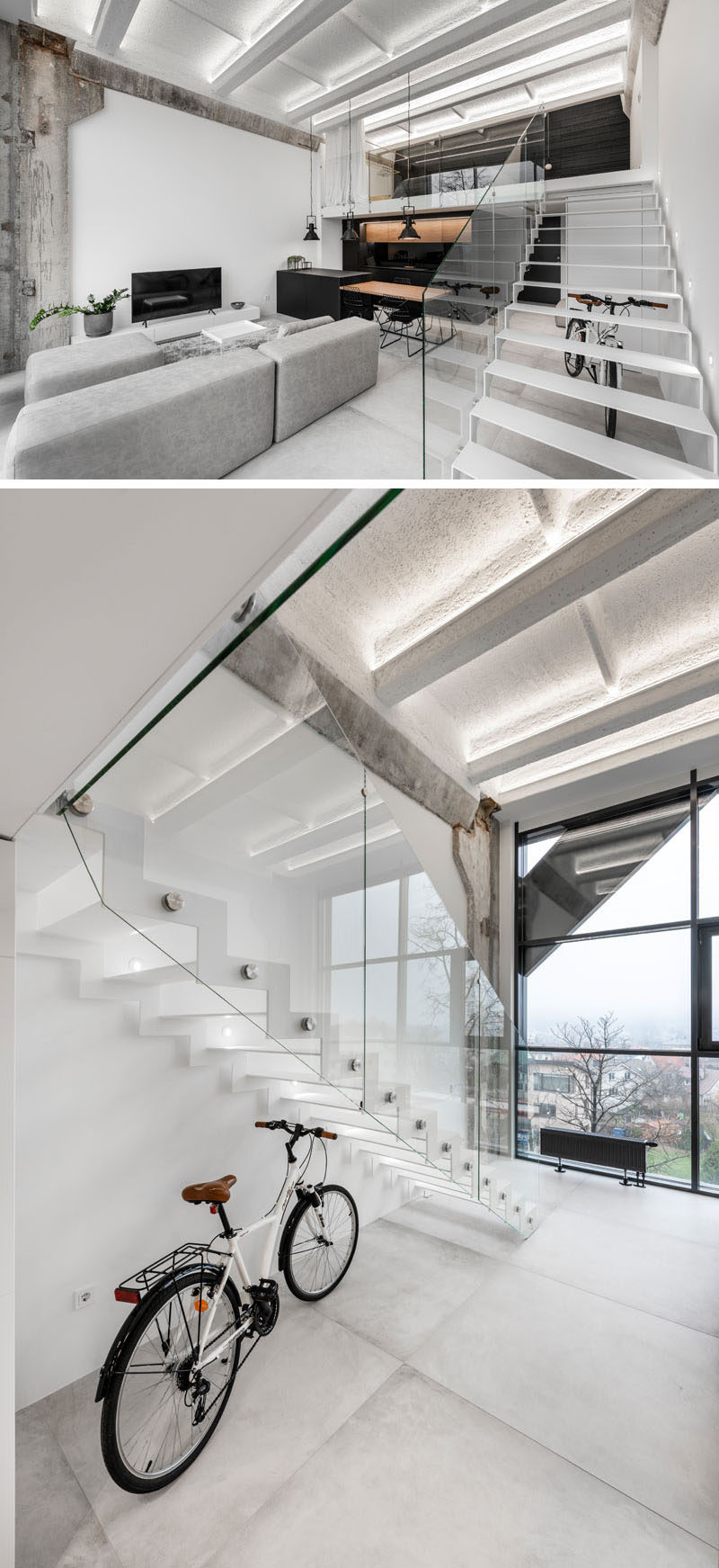 В этой промышленной современной квартире минималистичная белая металлическая лестница со стеклянными перилами ведет в спальню. # Лестница # Минималистичная лестница
