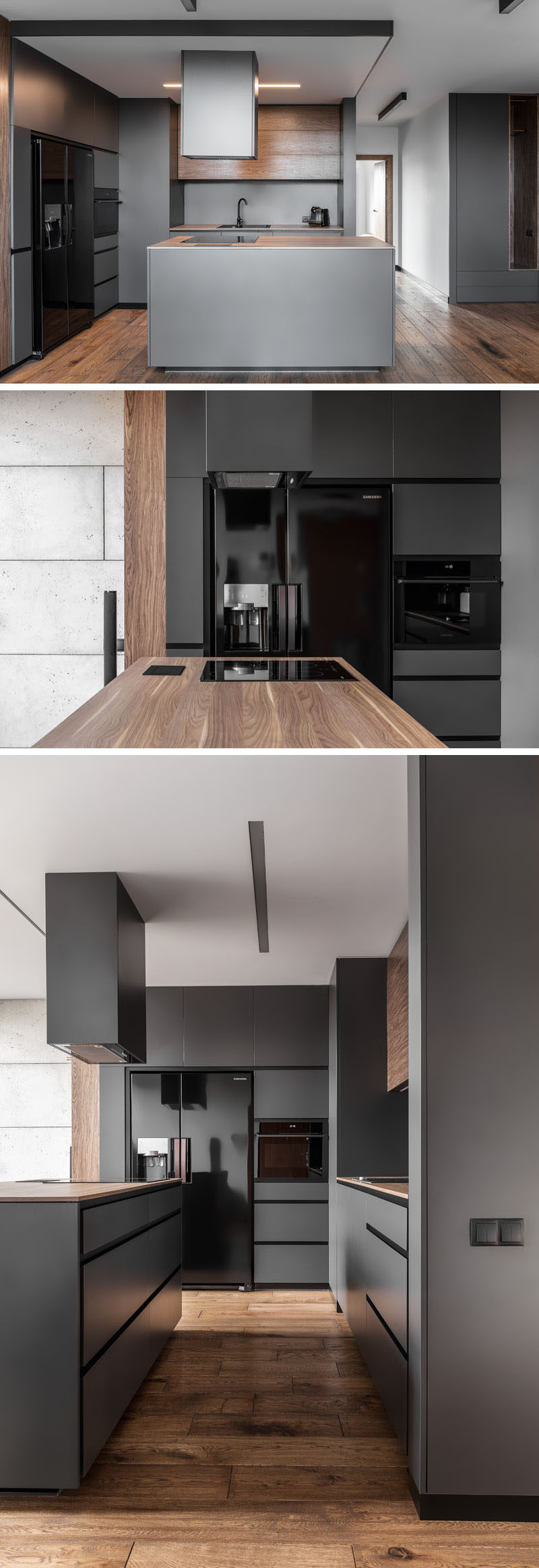 В этой современной кухне темно-серые стены и шкафы сочетаются с глянцевой черной техникой и деревянными элементами.