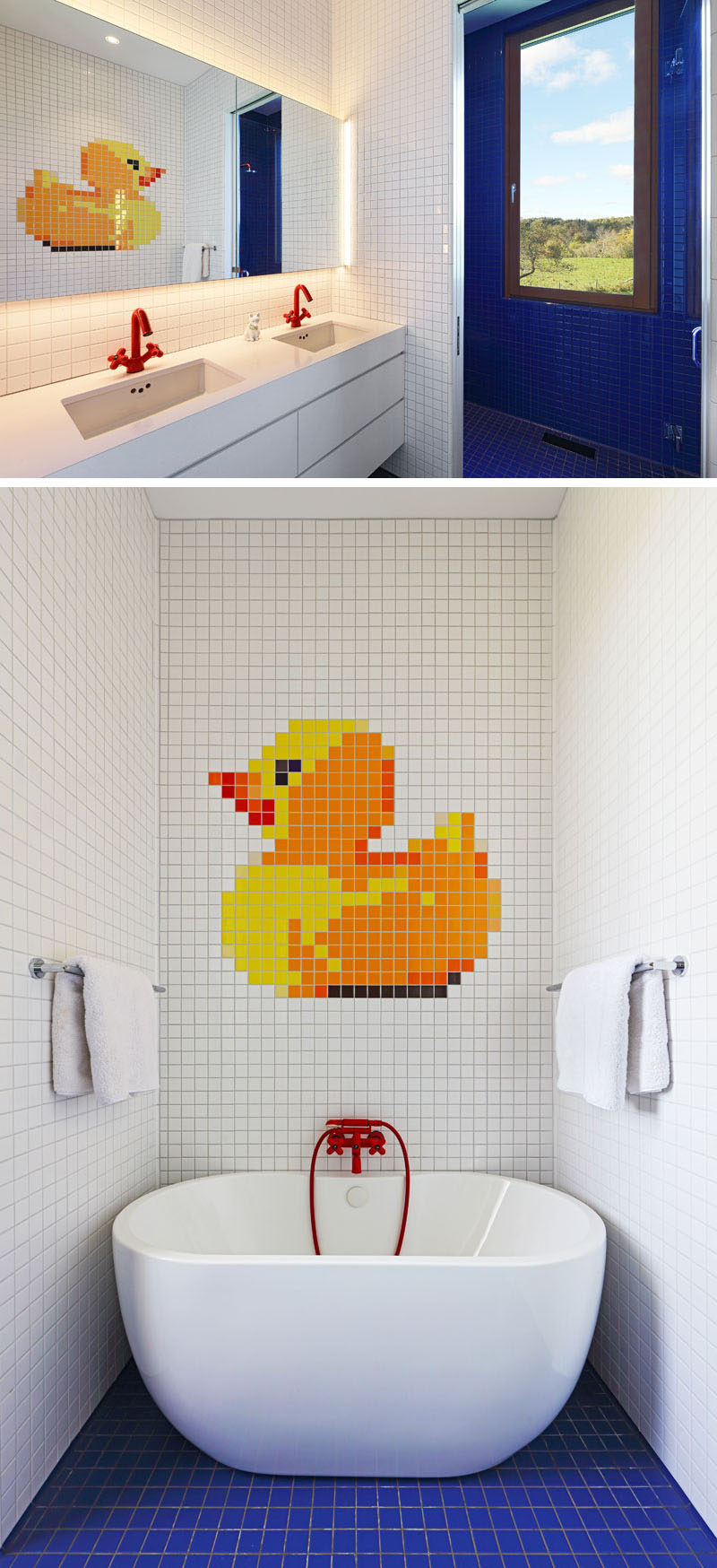  В эту современную ванную комнату были добавлены игривые штрихи в виде мозаики из резиновой плитки и красных смесителей. # Современная ванная # Дизайн ванной 