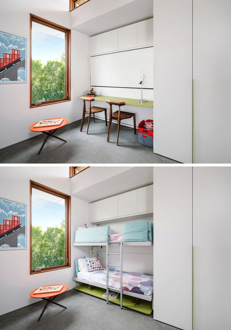 Идеи для спальни - В этой современной спальне рабочий стол трансформируется в двухъярусные кровати, соединяющие их лестницей. # Двухъярусные кровати # Скрытые двухъярусные кровати # МерфиДухлые кровати # СпальняИдеи