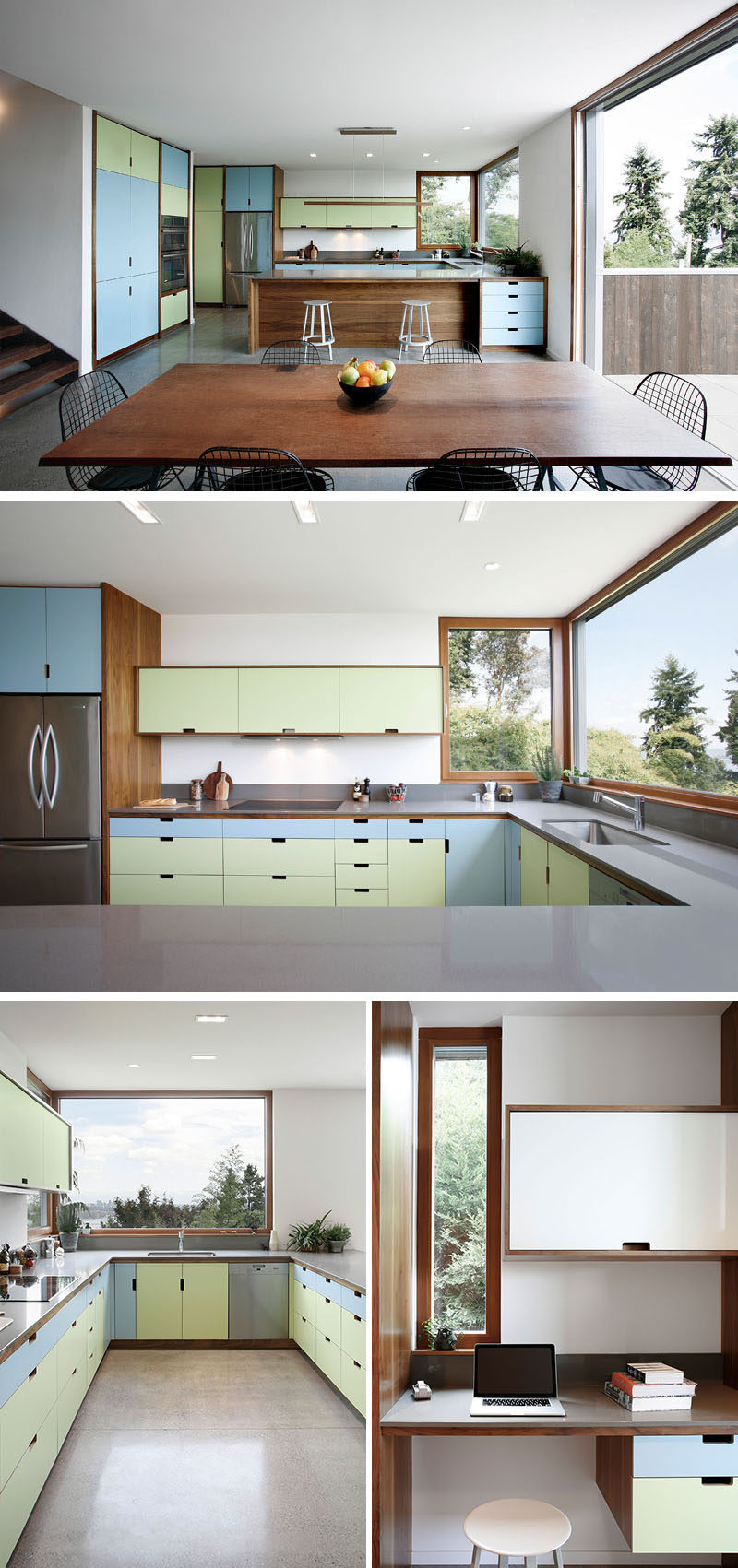 Цвет был добавлен в интерьер этого современного дома, где дизайнеры использовали пастельные синие и зеленые фасады шкафов, которые использовали деревянную мебель и оконные рамы. #ColorfulKitchen #KitchenDesign