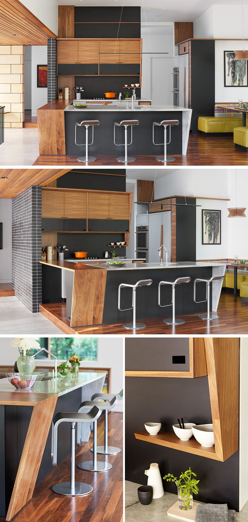 В этой современной кухне деревянные и белые шкафы и столешницы сочетаются с черными элементами, создаваемая утонченный современный вид. Справа на кухне находится обеденная кабина с зеленым лаймом и узорными банкетными стульями. #ModernKitchen #KitchenDesign 