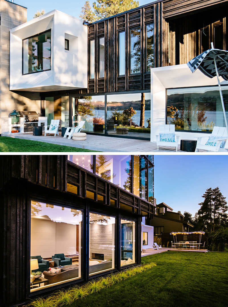  Внешний вид этого современного дома у озера состоит из облицовки из обугленного кедра, обработанной в традиционном японском стиле Шоу Суги Бан, и без текстурной чисто-белой отделки. #ModernHouse # Архитектура #HouseDesign 