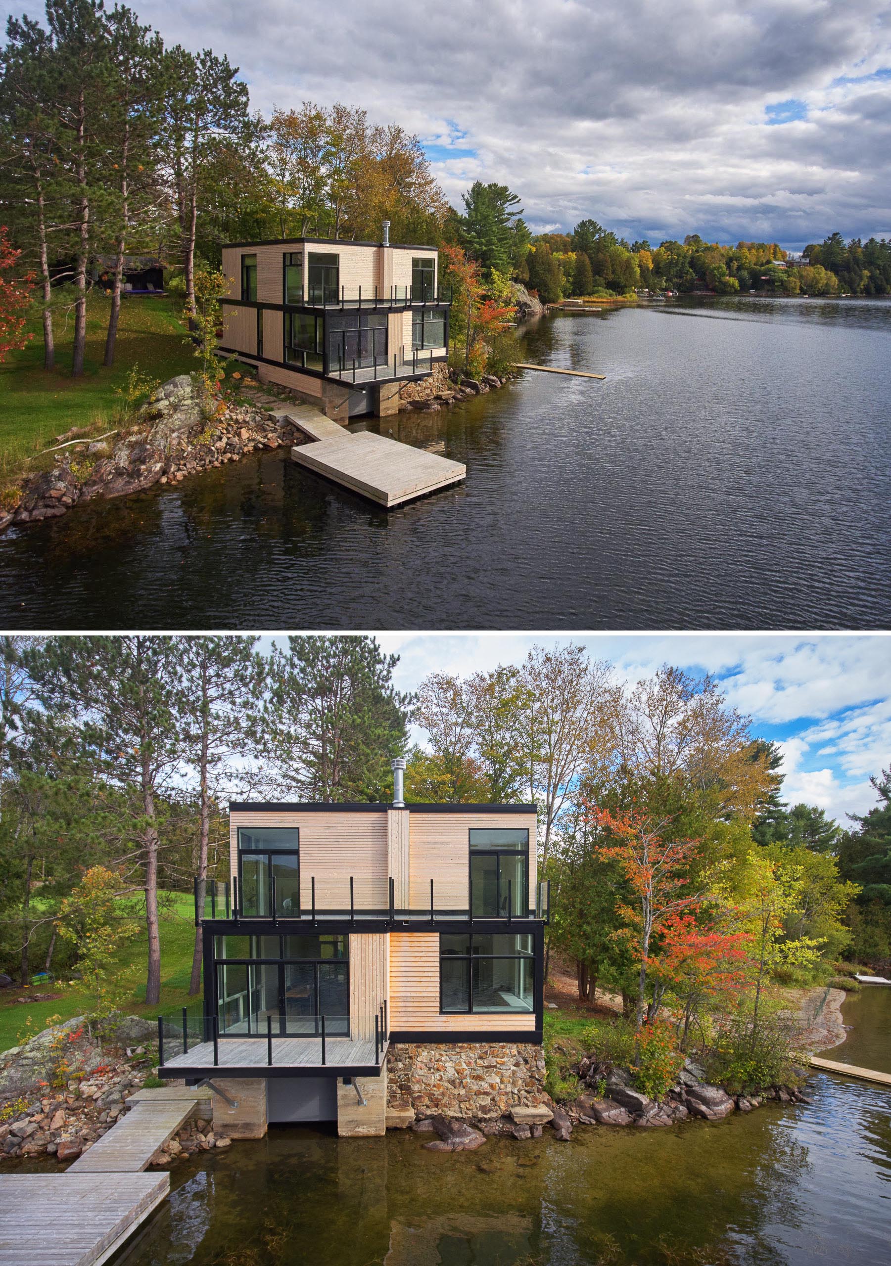 Дом на берегу озера с деревянной обшивкой и черными деталями.