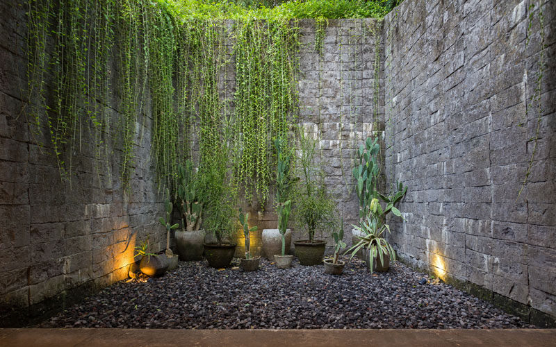  В этом частном дворе есть огни, которые подчеркивают каменные стены, а кактусы создают ощущение камней. # Двор # Частный двор # Каменные стены 
