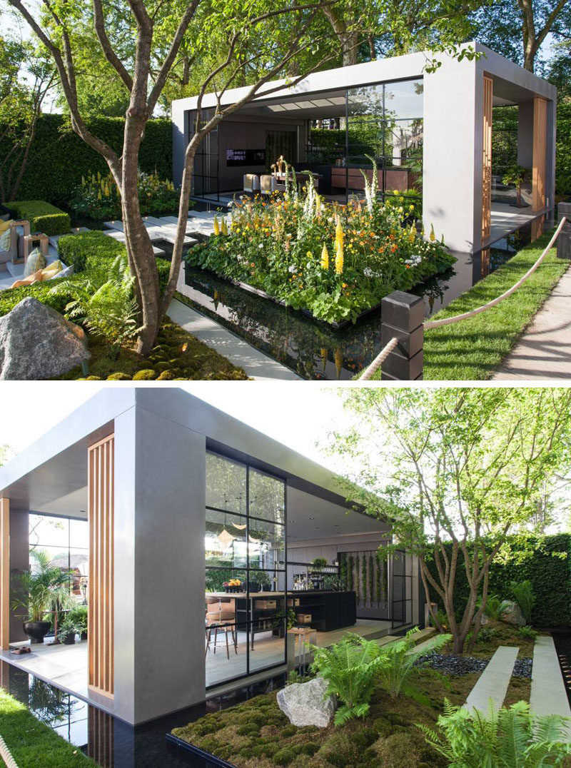 В этом современном садовом павильоне находятся обеденная и кухонная зона, а большие раздвижные стеклянные двери придают помещению индустриальный вид. # СадПавильон # Ландшафтный дизайн # Ландшафтный дизайн # Архитектура