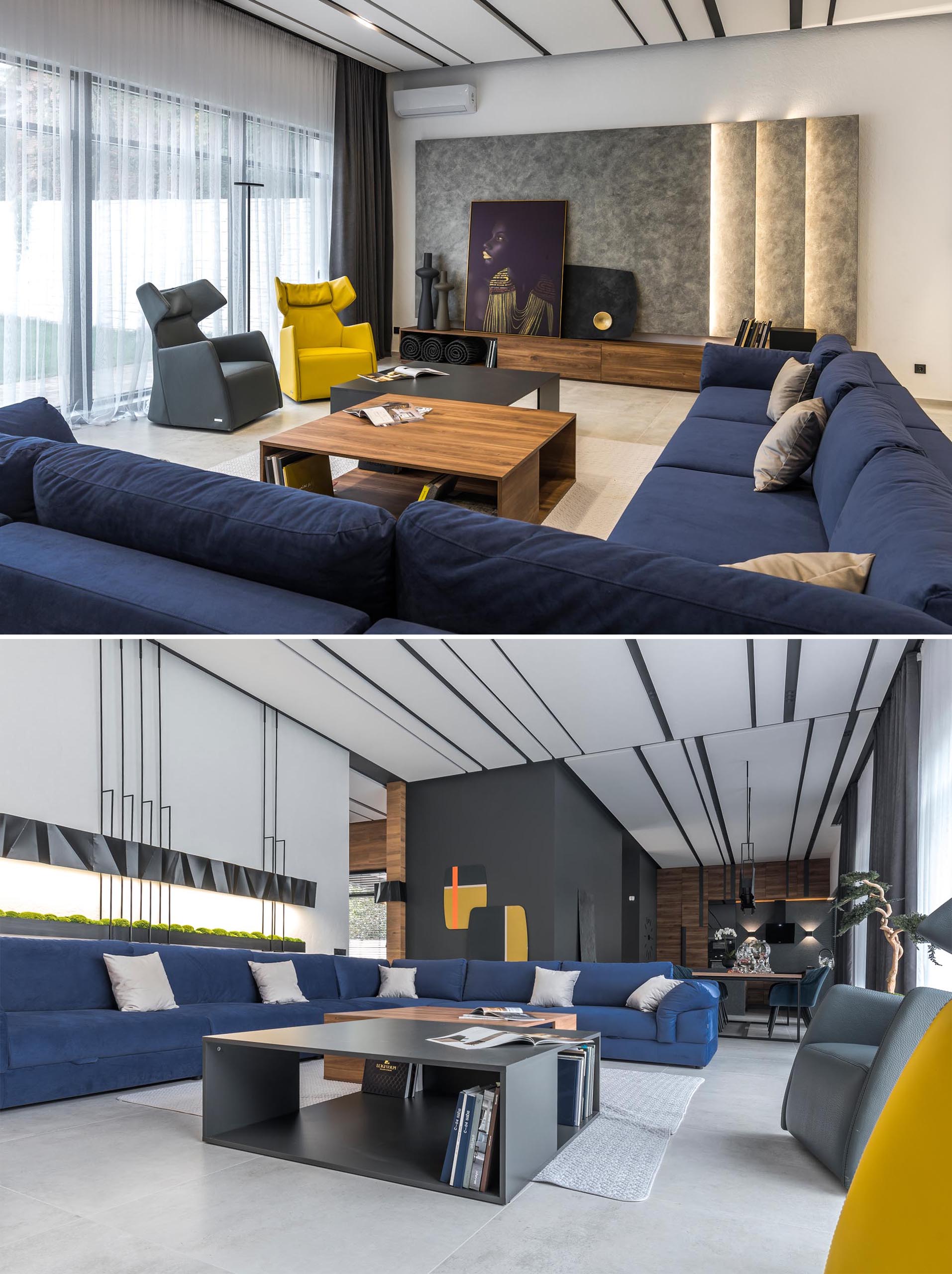 Современная гостиная с большим синим диваном, деревянным и серым журнальным столиком и ярко-желтым креслом.