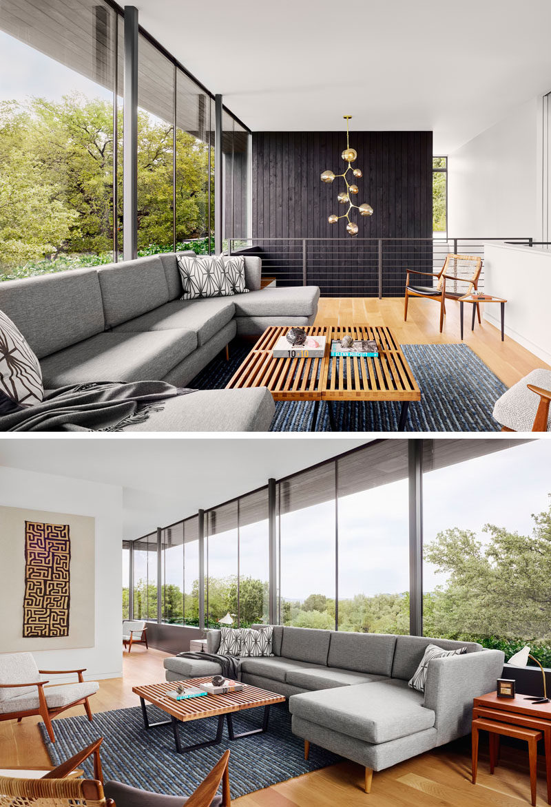 Эта современная гостиная залита естественным светом из больших окон. #Windows #LivingRoom