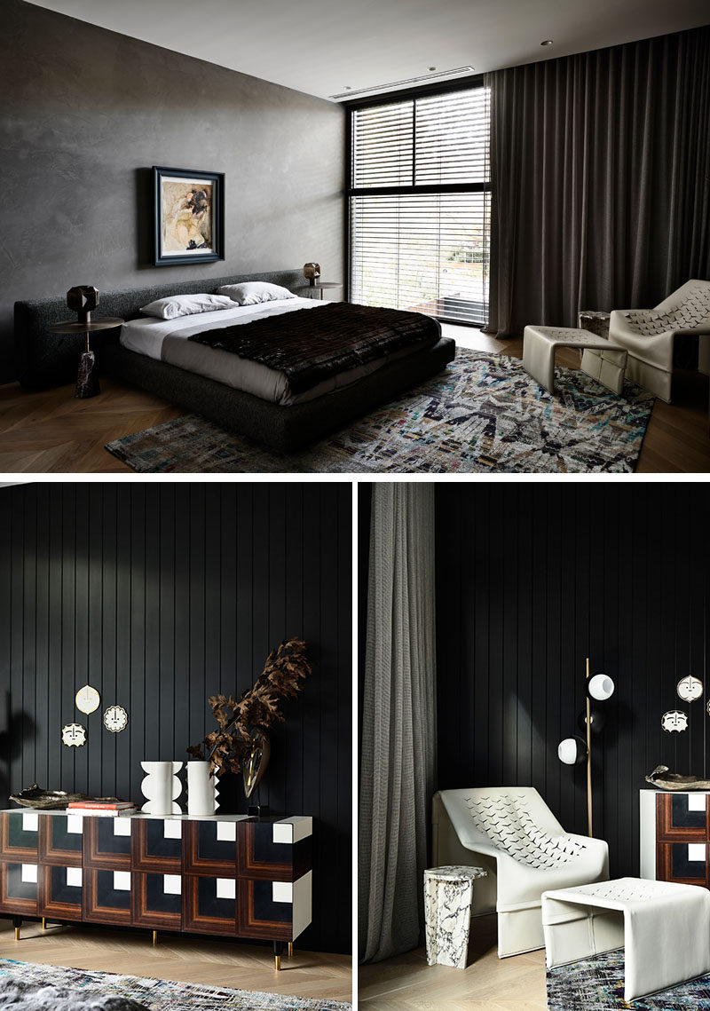 В этой современной спальне темные стены, шторы и мебель контрастируют со светлыми полом и более светлыми элементами. # СовременнаяСпальня # ТемнаяСпальня # СпальняДизайн