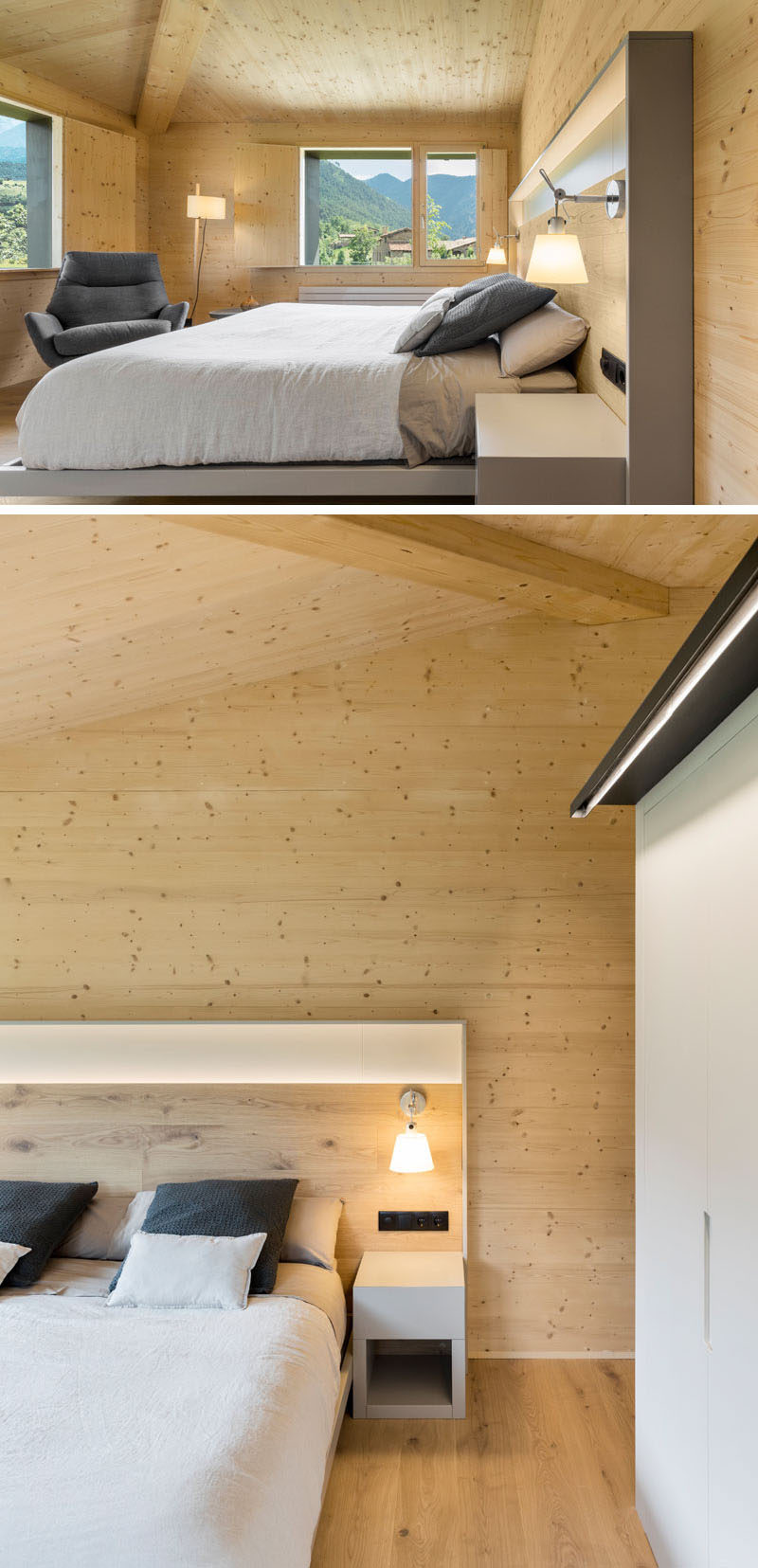 Современная главная спальня с высокими потолками окружена деревянными полами и стенами. # МастерСпальня # СпальняДизайн 