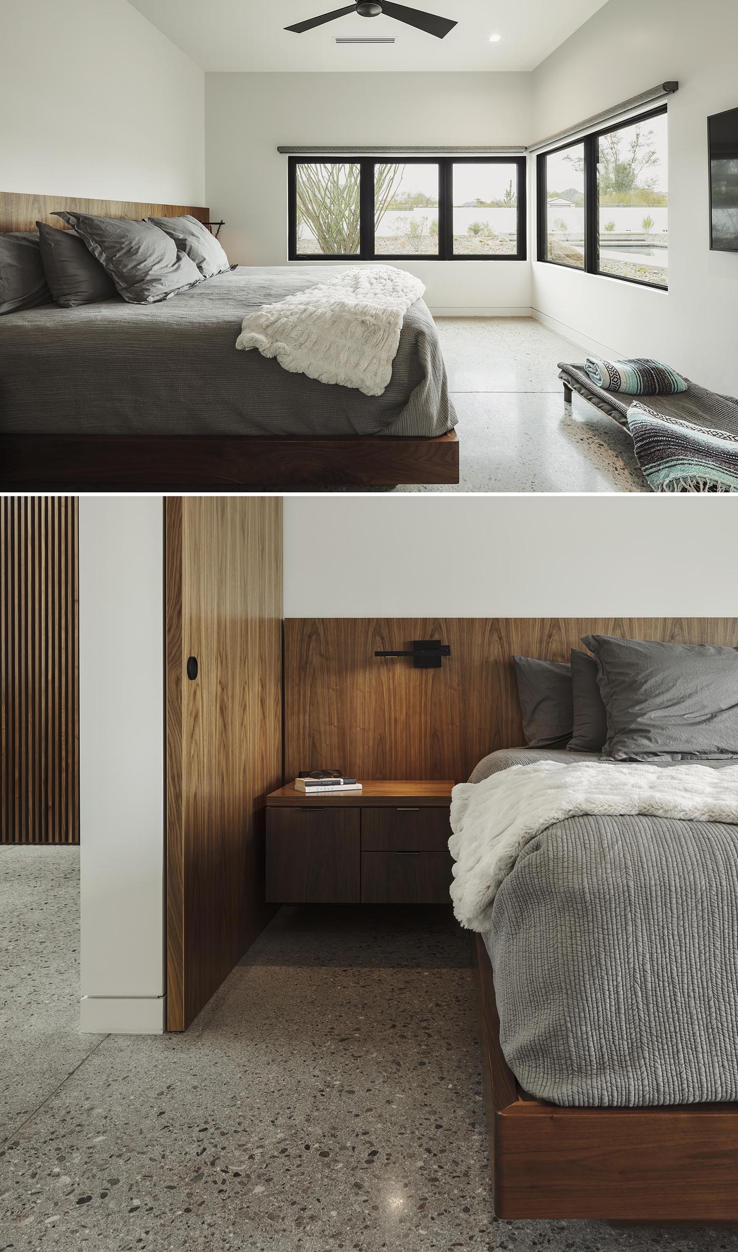 Главная спальня в минималистском стиле со встроенным деревянным каркасом кровати и изголовьем.