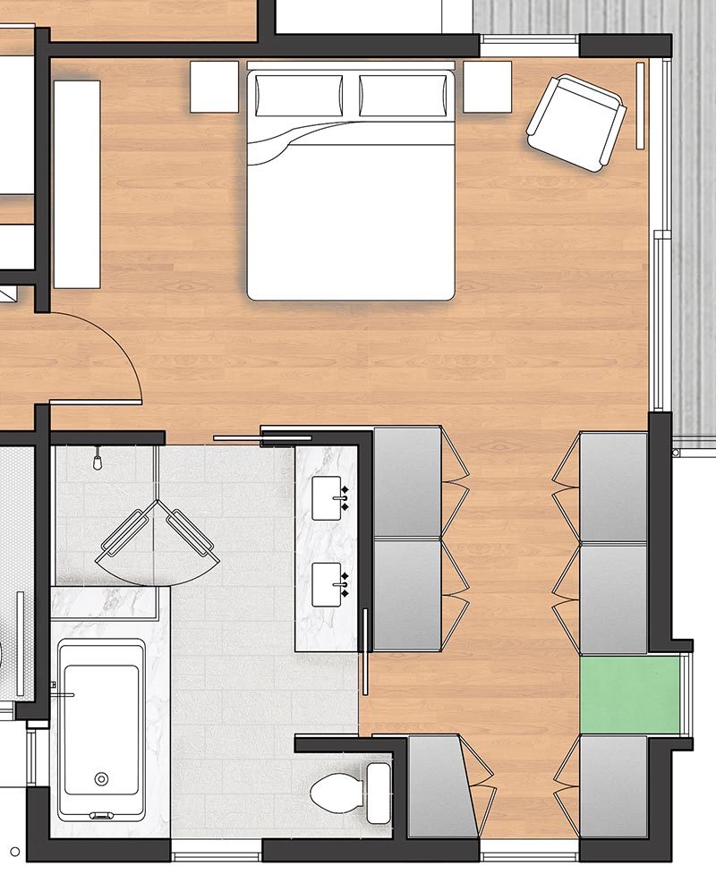 ПЛАН ЭТАЖА - Когда компания Best Practice Architecture ремонтировала дом в Сиэтле, штат Вашингтон, они решили включить новую и современную главную спальню с балконом, гардеробной и ванной комнатой. #MasterSuite #MasterBedroom #MasterBathroom #WalkThroughCloset