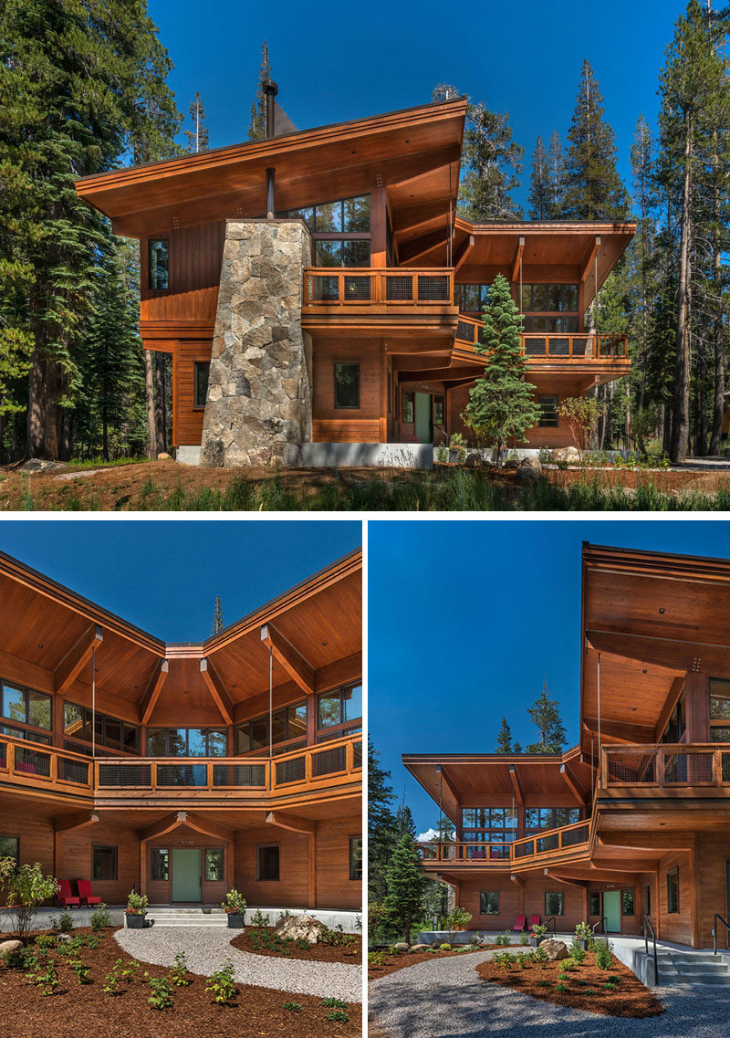 Дизайн этого двухэтажный современный горный дом выполнен в виде подковы, что позволяет солнечному свету наполнять интерьеры и панорамный вид на лес. #ModernHouse #Architecture #MountainHome #ModernCabin 