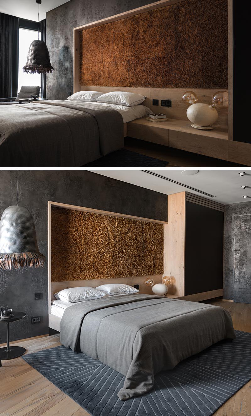 Эта современная акцентная стена для спальни добавляет текстурный элемент и сделана из сотен стеблей камыша, которые были собраны и собраны вручную. #AccentPanel #AccentWall #BulrushStems #TexturedPanel #InteriorDesign #BedroomDesign # ModernBedroom #GreyBedroom