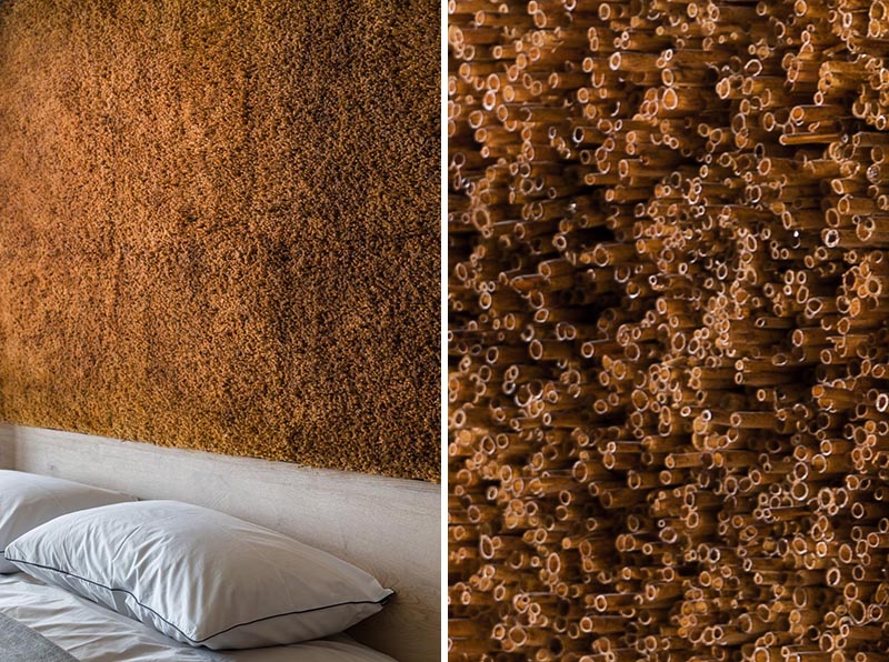 Эта современная акцентная стена для спальни добавляет текстурный элемент и сделана из сотен стеблей камыша, которые были собраны и собраны вручную. #AccentPanel #AccentWall #BulrushStems #TexturedPanel #InteriorDesign #BedroomDesign