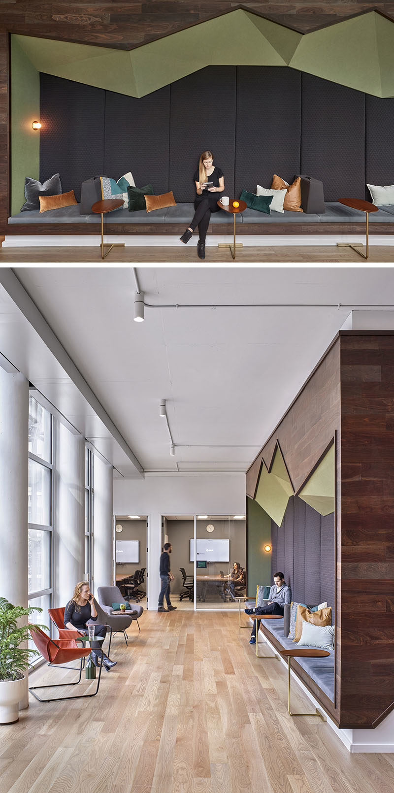 Идеи для сидения - В этом современном офисе есть сидения на стене, которые напоминают резкую геометрию горных вершин в отличие от мягких текстур и звукопоглощающей теплоты его обивки. # Место для сидения # Место для офиса # Дизайн для сидения