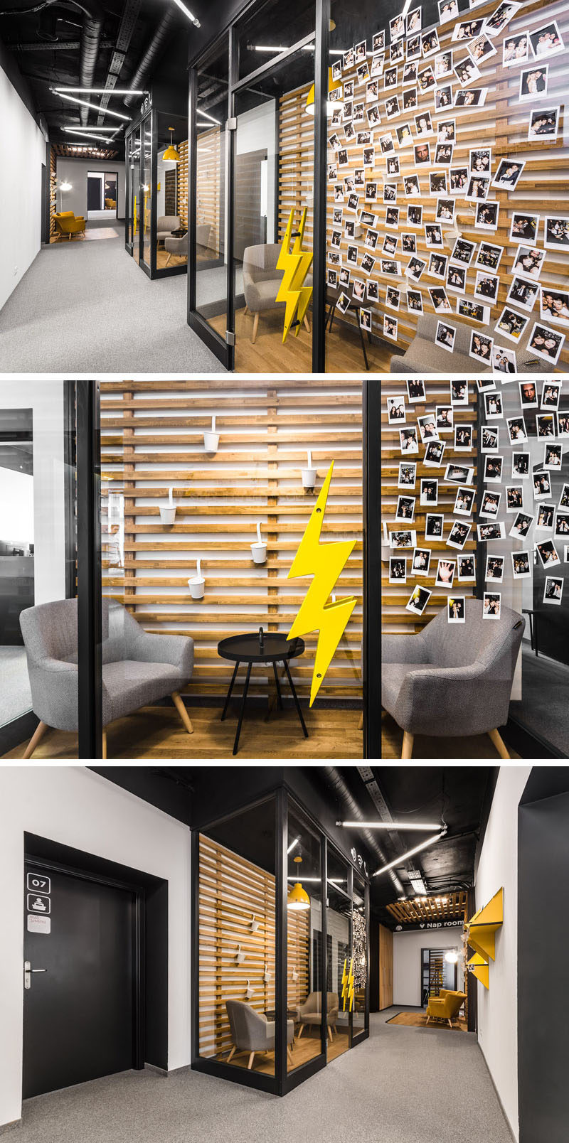 В этом современном офисе застекленные комнаты позволяют прикрепить к стеклу забавные произведения искусства или фотографии, а деревянные планки и пол соответствуют другим зонам отдыха в коридоре.