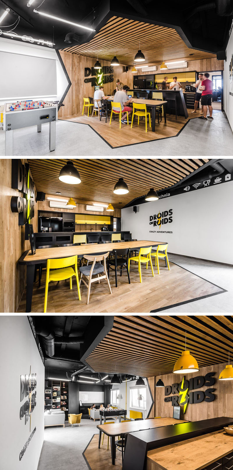 В комнате отдыха сотрудников этого современного офиса пространство разделено на две части, первая из которых - это кухня и столовая. Диагональные линии, очерчивающие дерево, были использованы для четкого определения зоны, в то время как деревянные рейки и деревянная стена создают контраст с черно-желтой кухней.