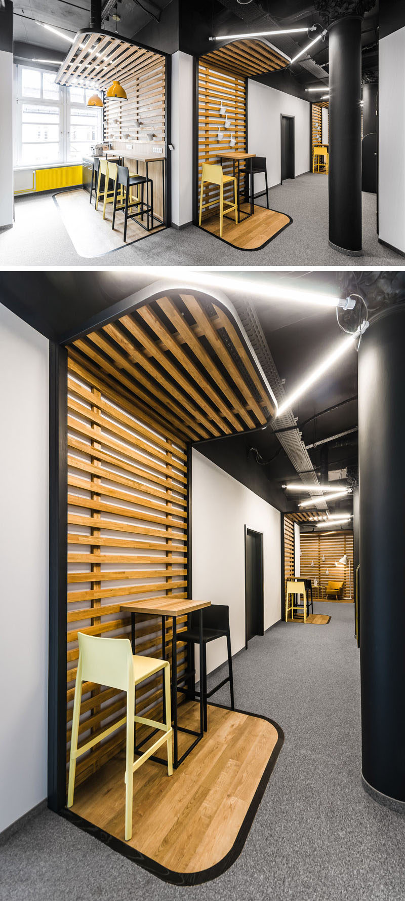В этом современном офисе есть четко обозначенные зоны отдыха с деревянными планками и черной рамкой, обрамляющие деревянные барные столы с черно-желтыми сиденьями.