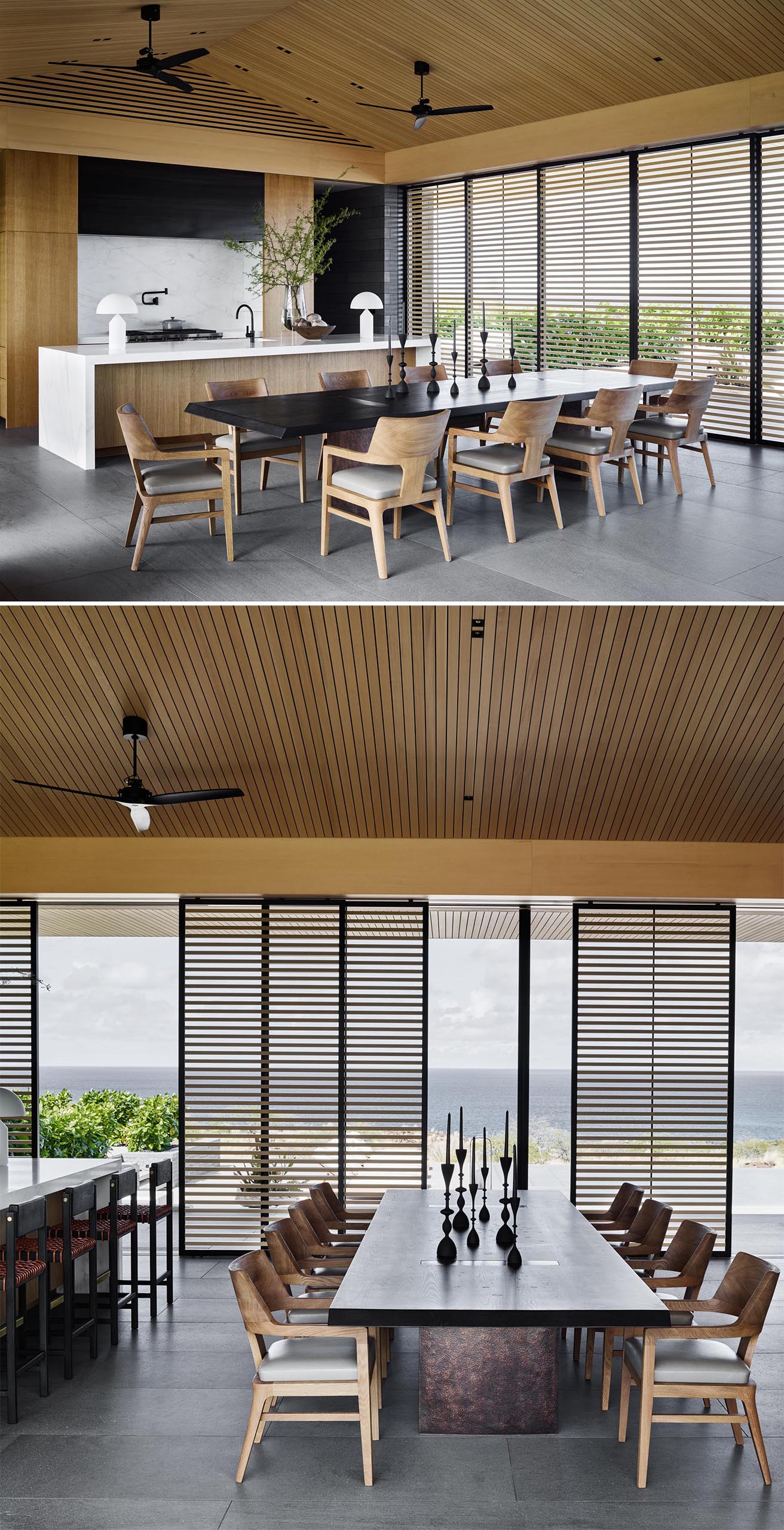 В этой современной столовой открытой планировки стоит большой темный стол, окруженный восемью более светлыми деревянными стульями.