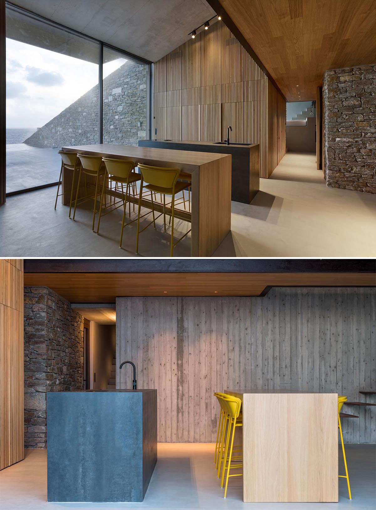 В этой современной кухне и столовой открытой планировки есть деревянная стена со встроенными дверцами и обеденный стол, который приподнят для размещения табуретов.