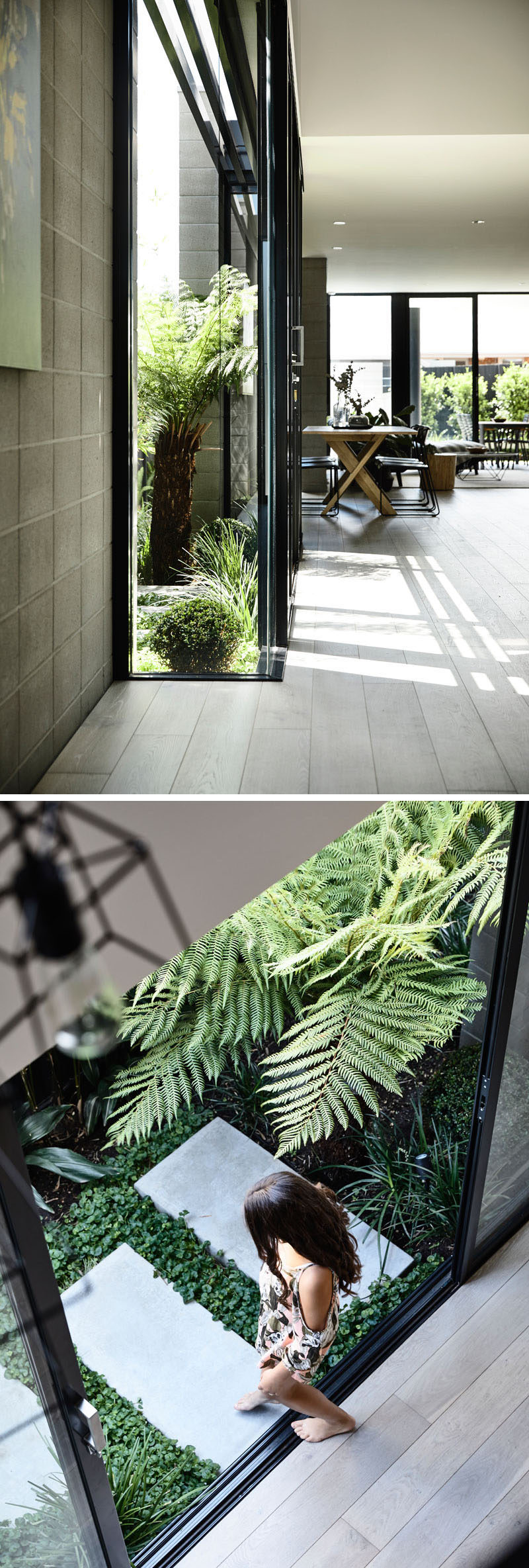 В этом современном доме есть небольшой боковой двор, в который можно попасть через раздвижные стеклянные двери. # Озеленение # Сад
