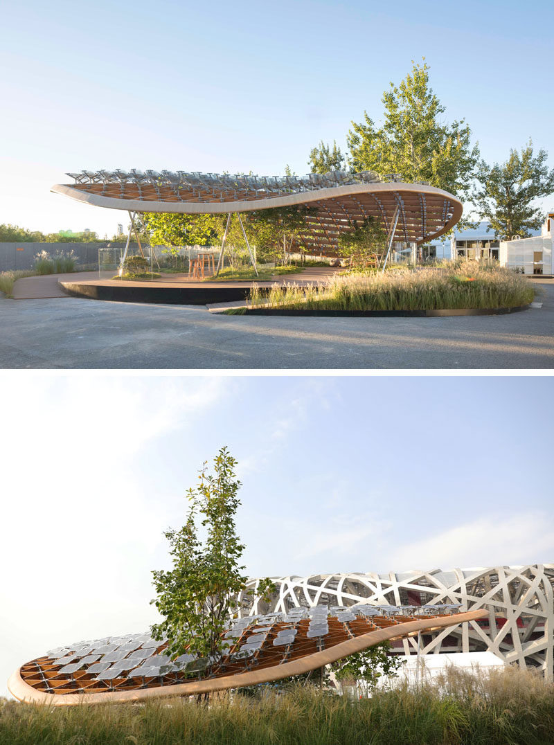  MAD Architects вместе с Hanergy создали «Living Garden», современный павильон, который разрушает границы между интерьером и экстерьером, давая ощущение, что они живут на природе. # Архитектура # Современный павильон # Дерево # Солнечные панели # Дизайн 