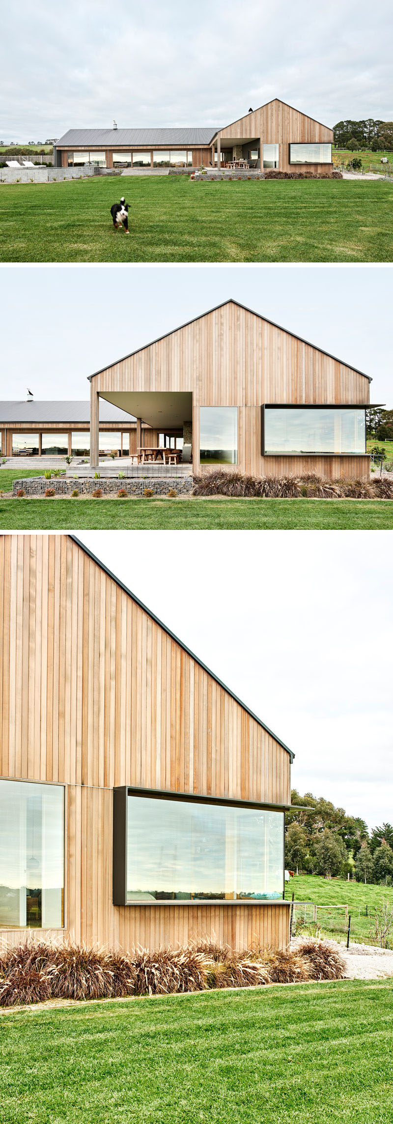 В этом современном доме в стиле ранчо много окон, в том числе одно с рамой, выступающей из деревянного сайдинга. #WoodSiding #Windows #ModernHouse # Архитектура