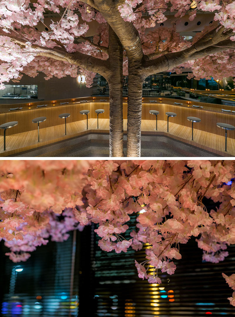 В этом современном японском ресторане растет вишневое дерево, которое достигает 16 футов (5 м) в ширину и 11 футов (3,5 м) в высоту, что делает его собственным «тотемным столбом». #RestaurantDesign #CherryBlossom