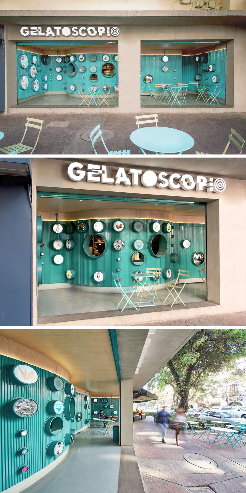 Компания Esrawe + Cadena спроектировала Gelatoscopio, веселый и ярко оформленный современный магазин мороженого в Мексике с изогнутым интерьером бирюзово-синего цвета и открытым для улицы.