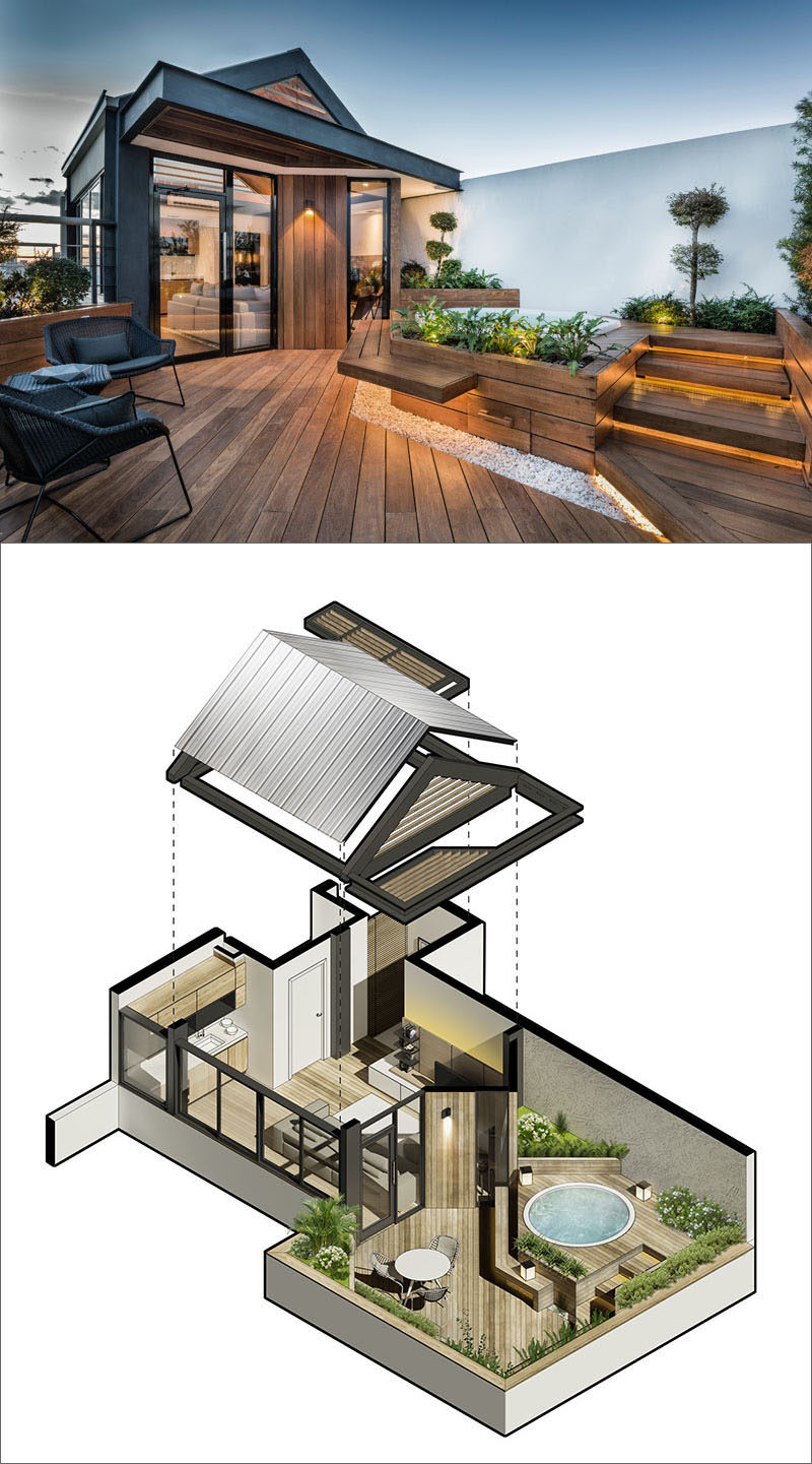 Эта современная деревянная терраса на крыше со скрытым освещением, встроенными скамейками и спа-салоном, окруженным растениями, обеспечивает уединение.