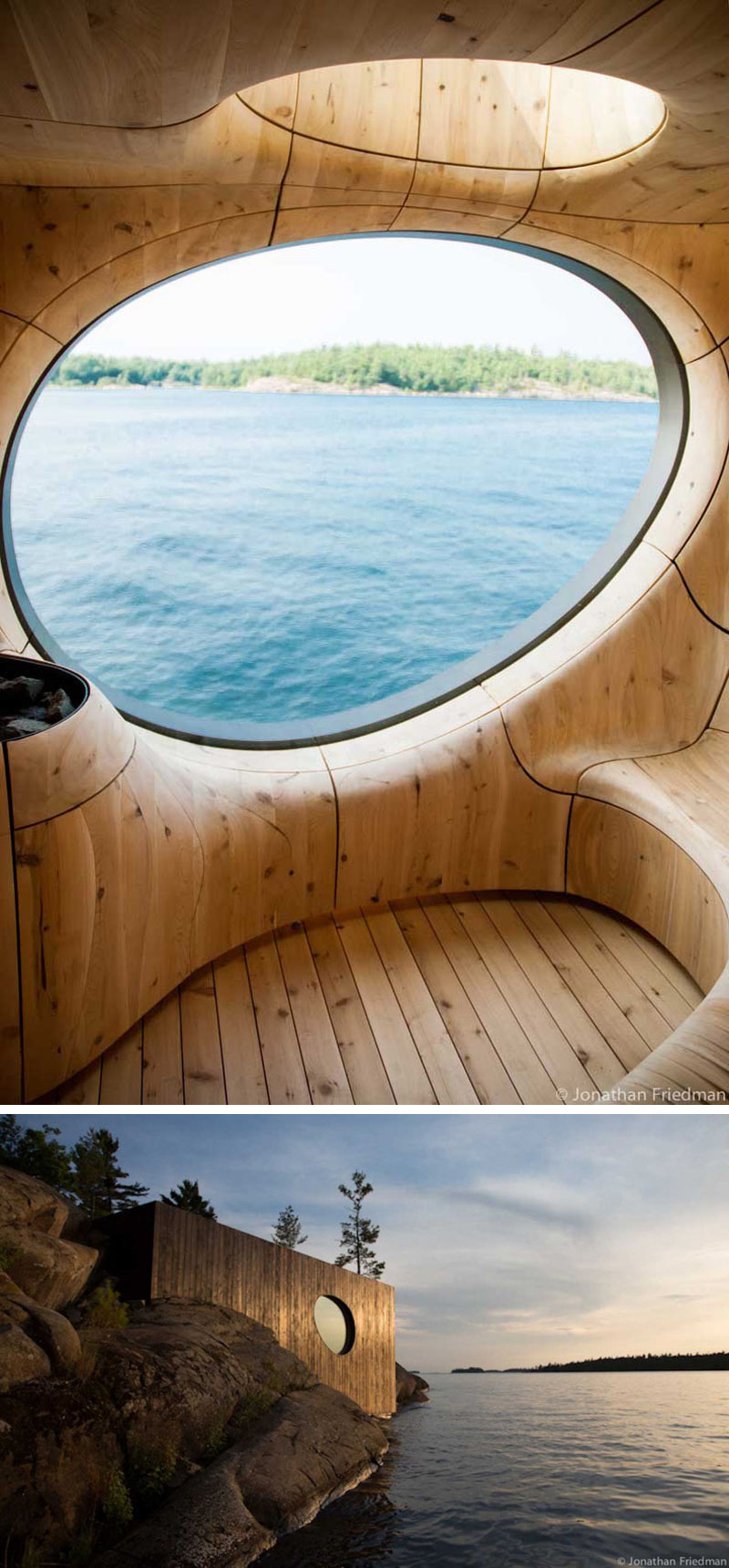 В этой современной дровяной сауне захватывающий вид открывается через закругленное окно, а свет сверху проникает через другое круглое окно.